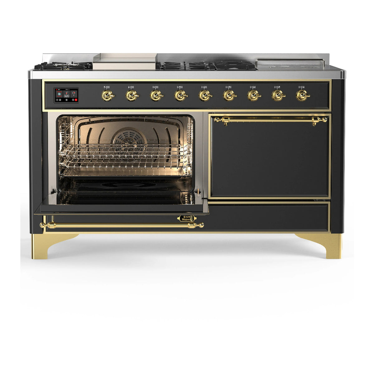 Graphite matte dual fuel range with open oven and visible wire rack inside