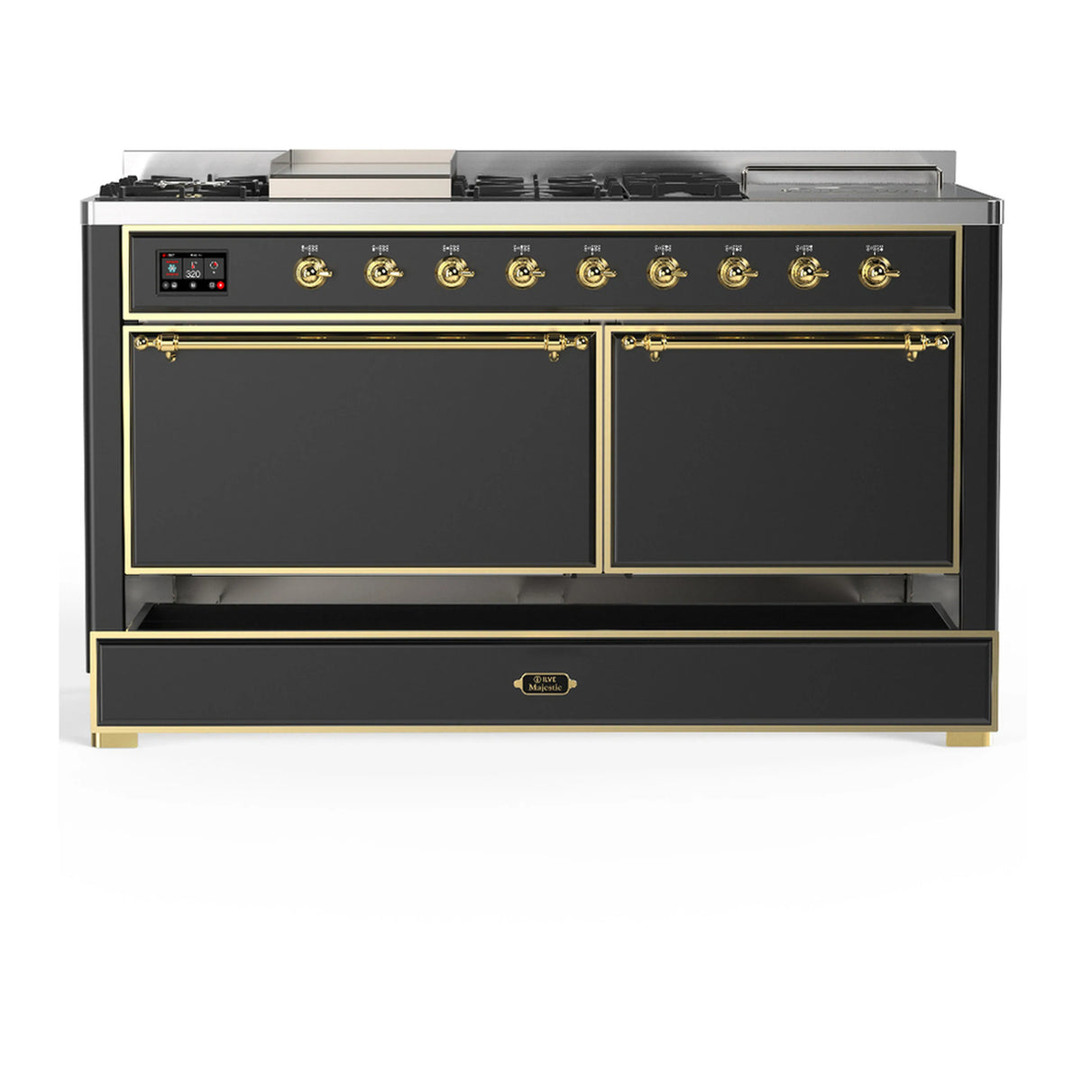 Graphite matte dual fuel range with two closed oven doors and brass trim details