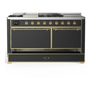 ILVE Majestic III 60-inch Dual Fuel Range with 7 Natural Gas Burner, Griddle, French Top and Solid Door Electric Oven in Graphite Matte with Brass Trim (UM60FSQNR3MGG)