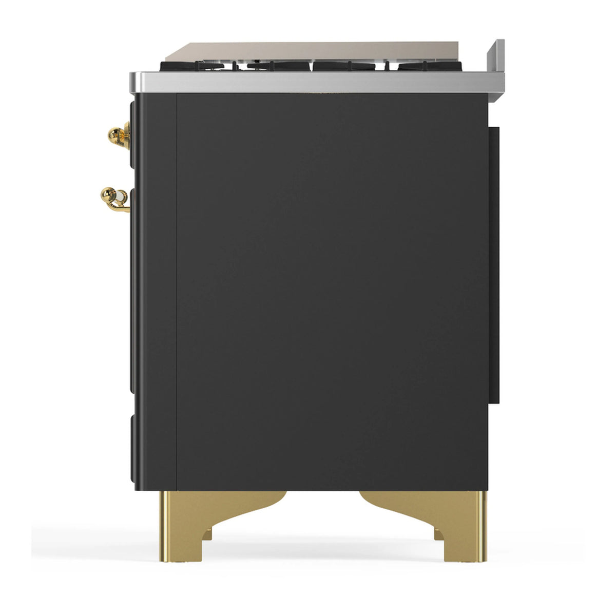Graphite matte range side view with brass-tone feet and side trim details