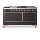 ILVE Majestic III 60-inch Dual Fuel Range with 5 Liquid Propane Burner, Griddle, French Top and Solid Door Electric Oven in Graphite Matte with Copper Trim (UM60FSQNR3MGPLP)