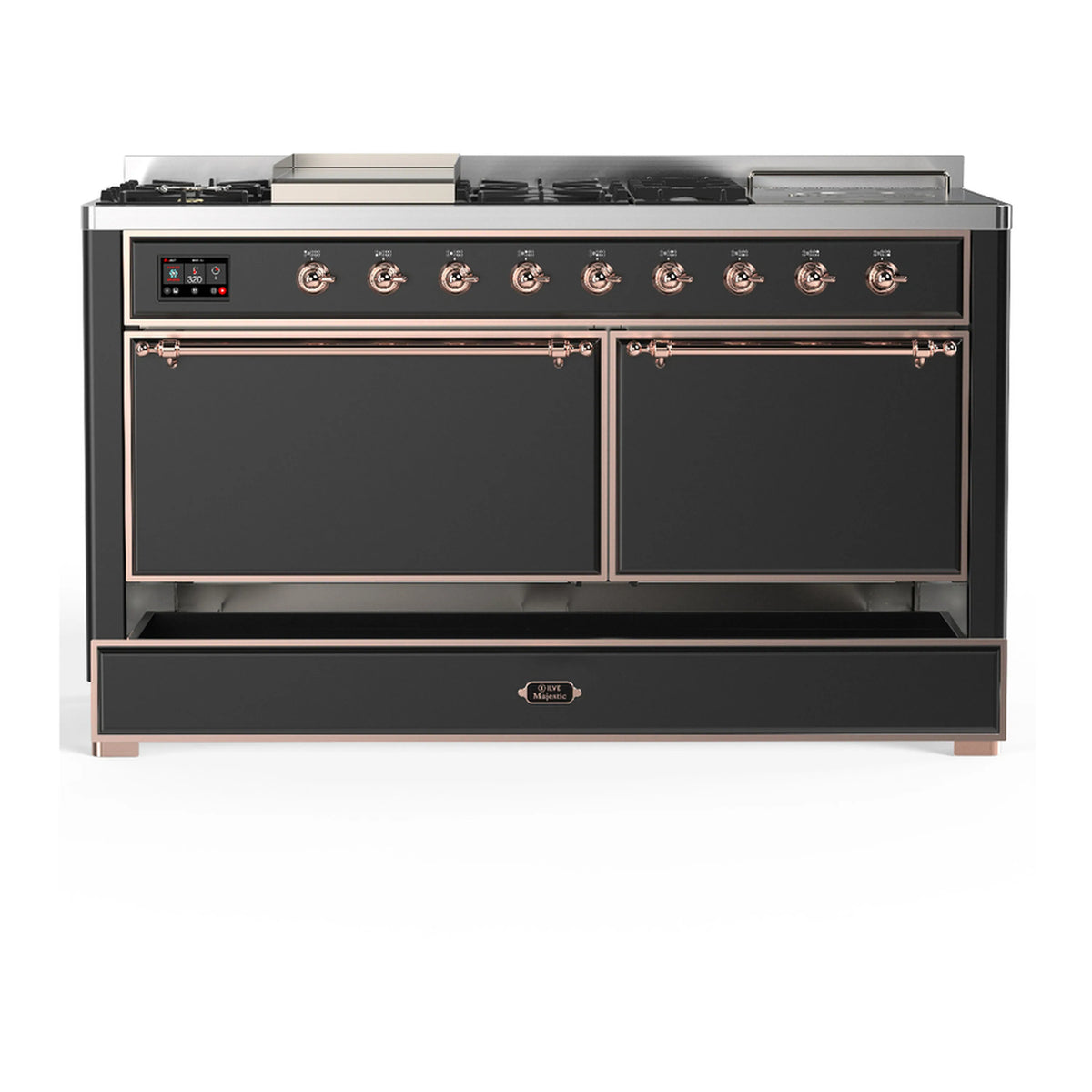 Graphite matte dual fuel range with copper trim, top controls, and two closed oven doors