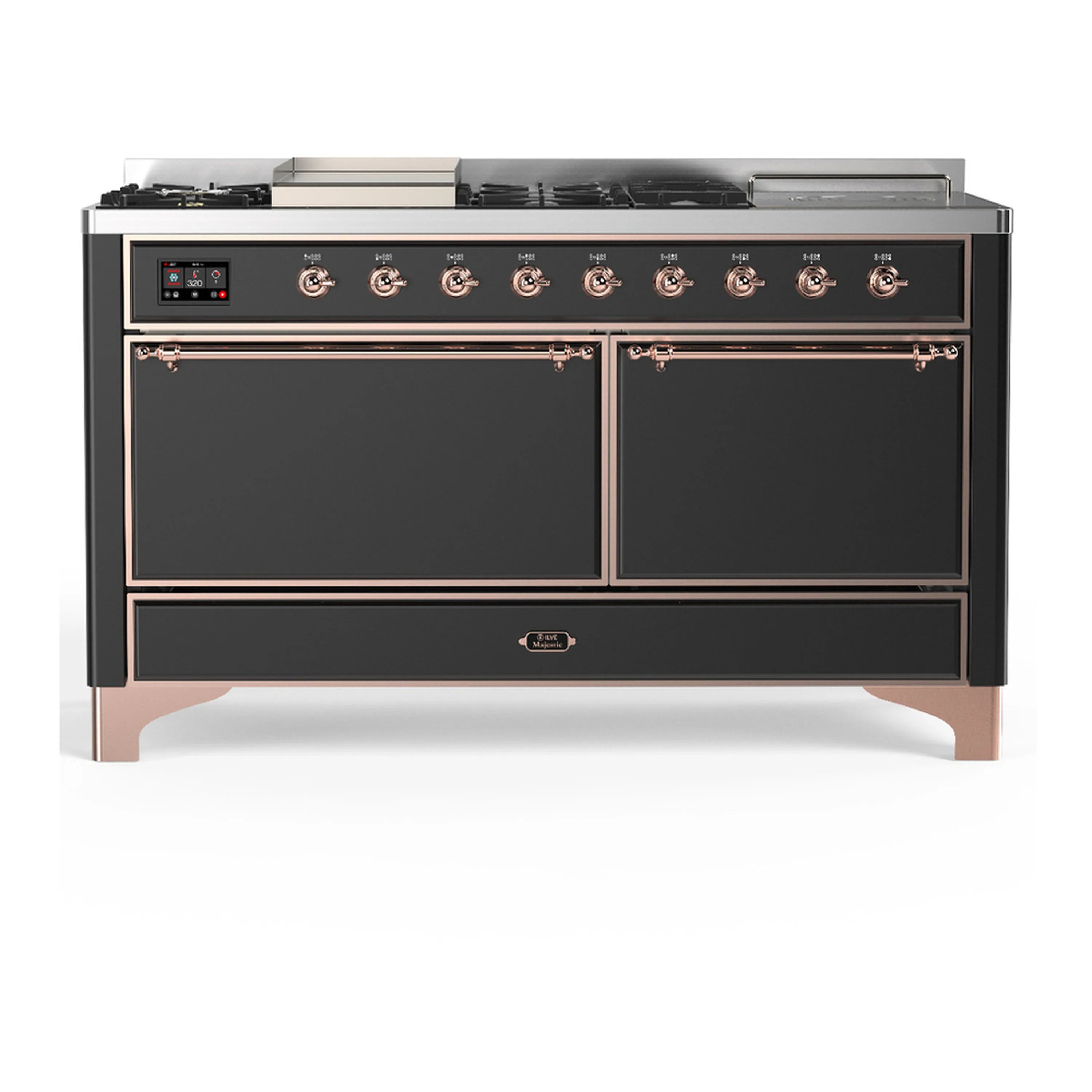 Graphite matte dual fuel range with copper-trim doors and control knobs, 60-inch style