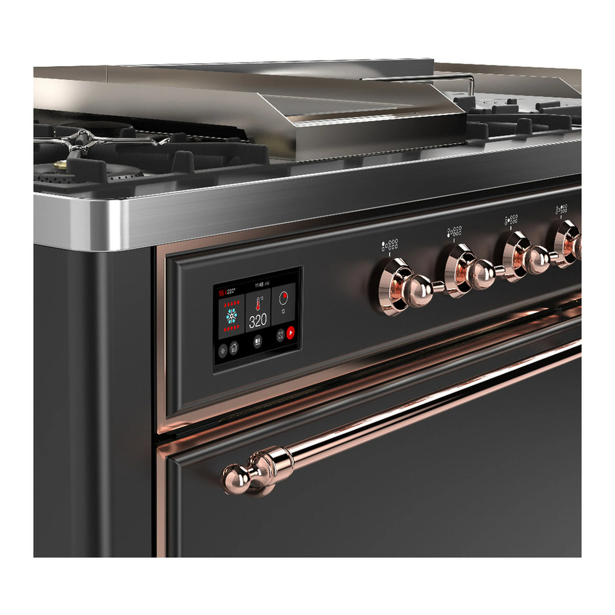 Graphite matte dual fuel range front control panel with copper-trim knob handles