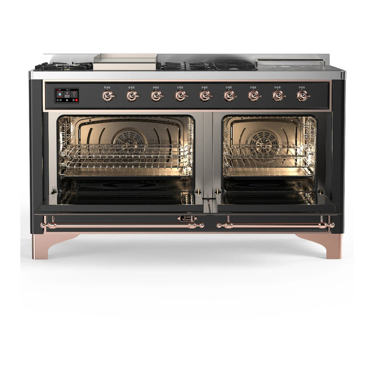 Graphite matte dual fuel range with both oven doors open, copper-trim trim hardware