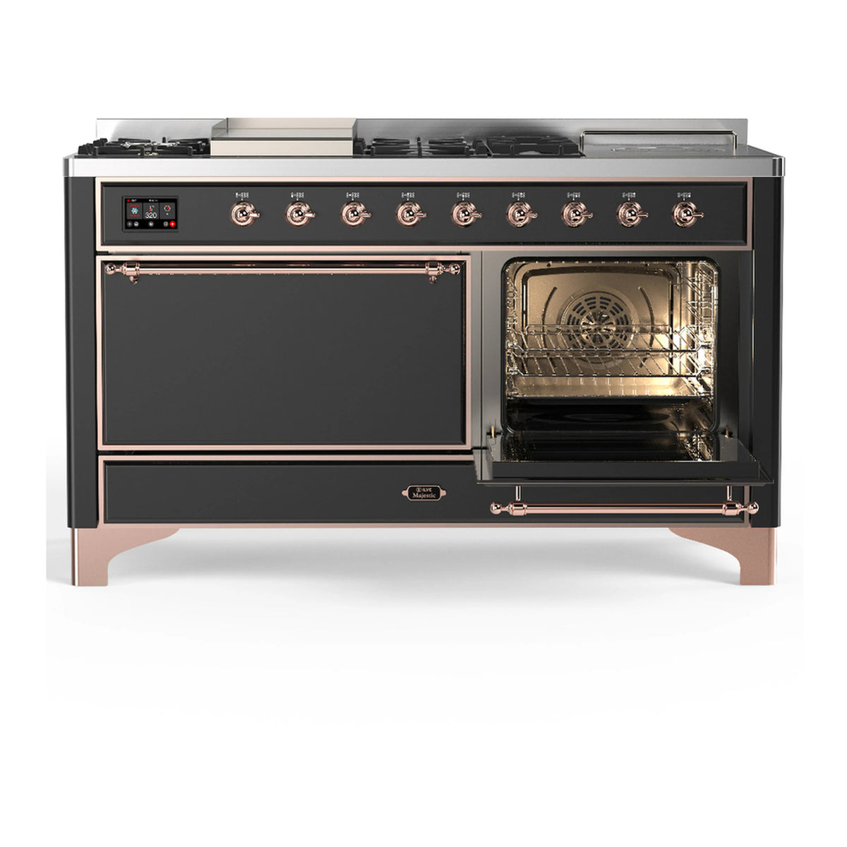 Graphite matte dual fuel range with one oven door open, copper-trim door handle