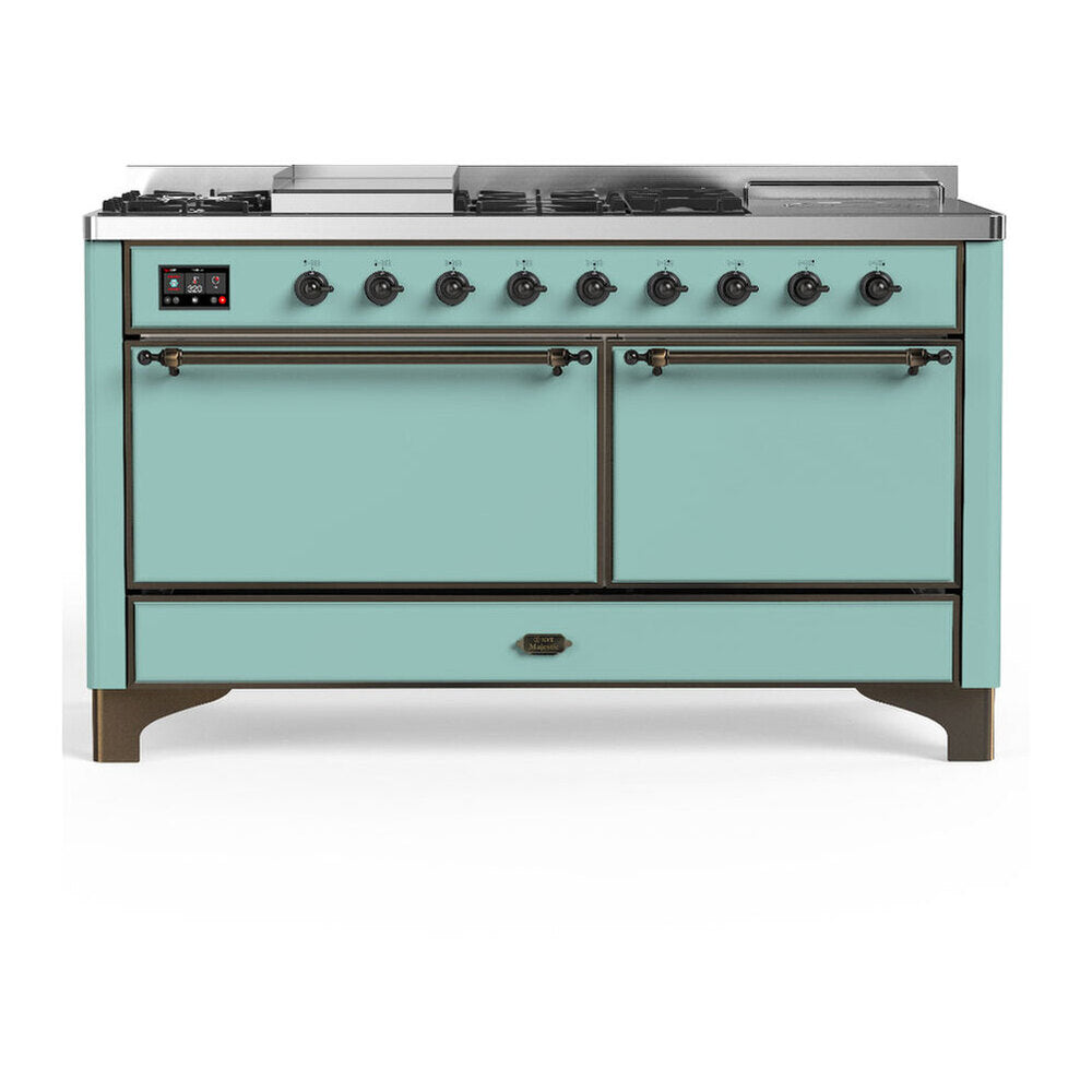 ILVE Majestic III 60-inch Dual Fuel Range with 7 Natural Gas Burner, Griddle, French Top and Solid Door Electric Oven in Mediterranean Mint with Burnished Trim (UM60FSQNR3MMB)
