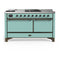ILVE Majestic III 60-inch Dual Fuel Range with 7 Natural Gas Burner, Griddle, French Top and Solid Door Electric Oven in Mediterranean Mint with Burnished Trim (UM60FSQNR3MMB)