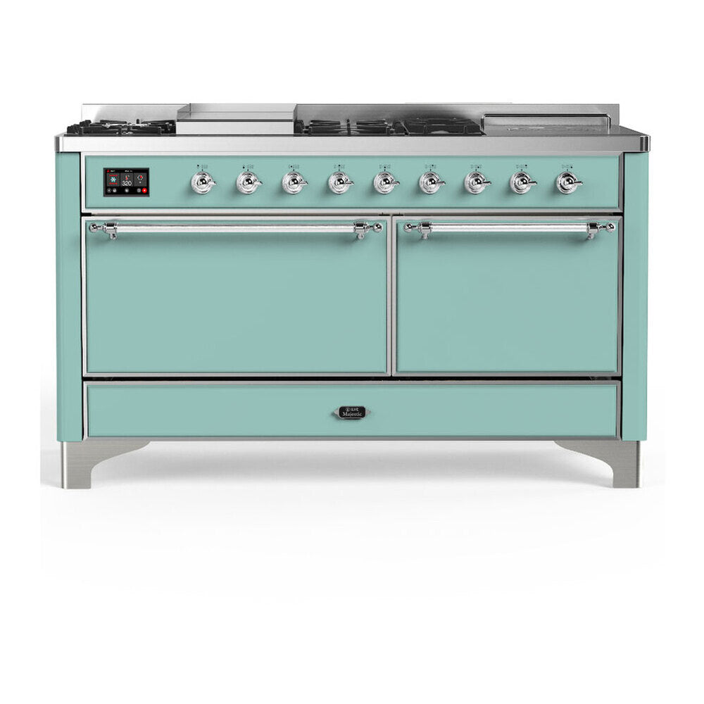 ILVE Majestic III 60-inch Dual Fuel Range with 5 Liquid Propane Burner, Griddle, French Top and Solid Door Electric Oven in Mediterranean Mint with Chrome Trim (UM60FSQNR3MMCLP)