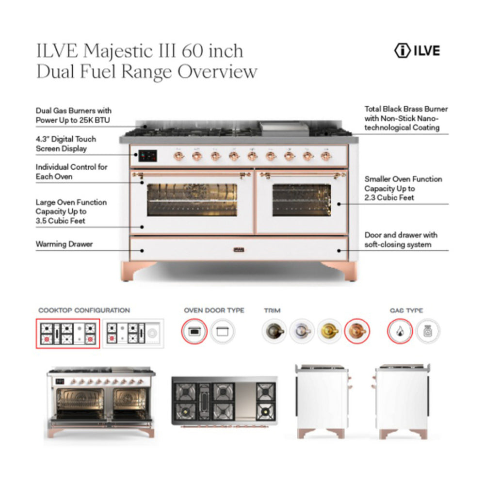ILVE Majestic III 60-inch Dual Fuel Range with 5 Liquid Propane Burner, Griddle, French Top and Solid Door Electric Oven in Mediterranean Mint with Chrome Trim (UM60FSQNR3MMCLP)