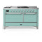 ILVE Majestic III 60-inch Dual Fuel Range with 7 Natural Gas Burner, Griddle, French Top and Solid Door Electric Oven in Mediterranean Mint with Chrome Trim (UM60FSQNR3MMC)