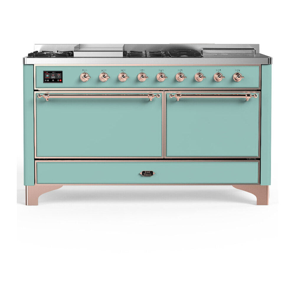 ILVE Majestic III 60-inch Dual Fuel Range with 5 Liquid Propane Burner, Griddle, French Top and Solid Door Electric Oven in Mediterranean Mint with Copper Trim (UM60FSQNR3MMPLP)