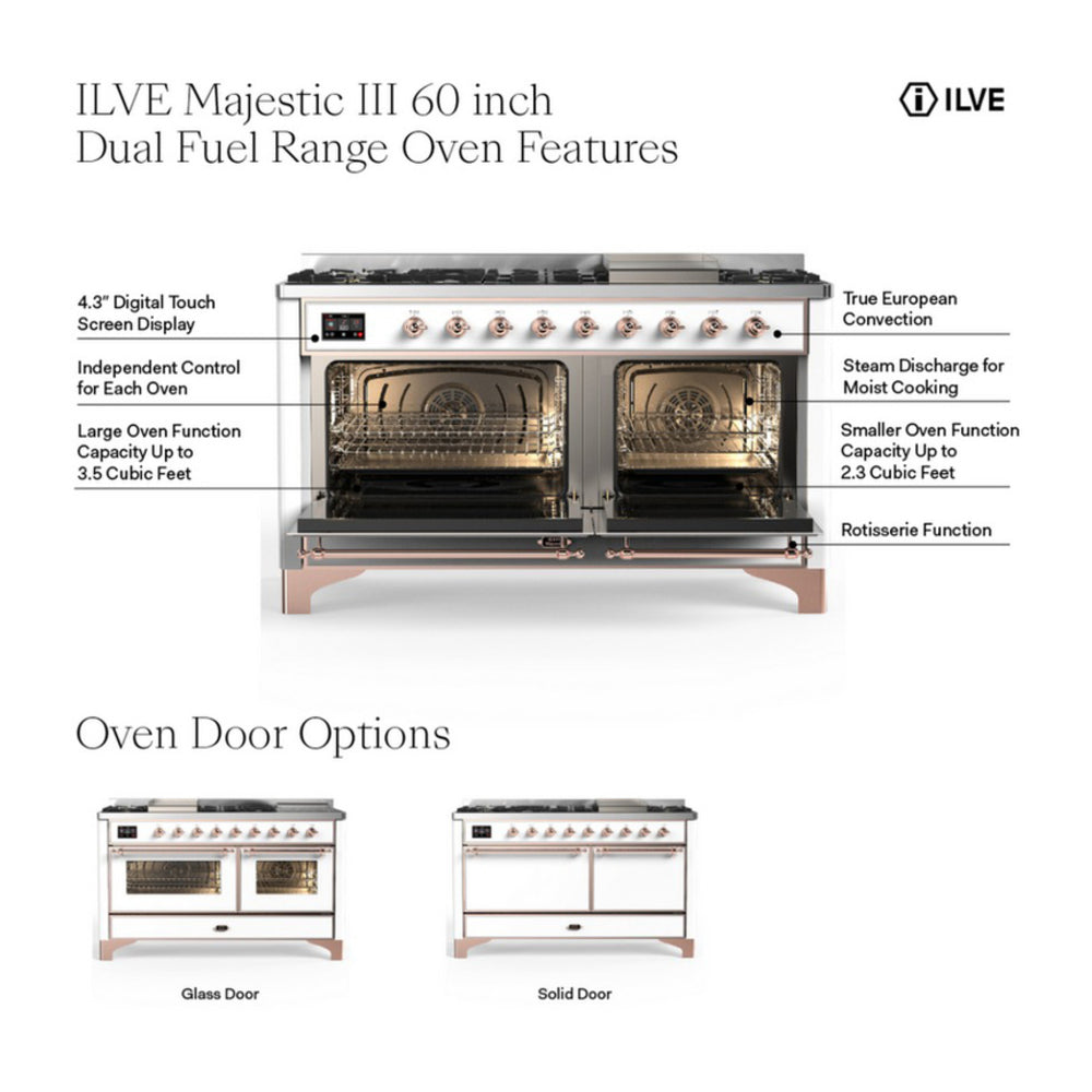 Dual fuel range with both oven doors open, exposing two stainless oven interiors.