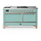 ILVE Majestic III 60-inch Dual Fuel Range with 7 Natural Gas Burner, Griddle, French Top and Solid Door Electric Oven in Mediterranean Mint with Copper Trim (UM60FSQNR3MMP)