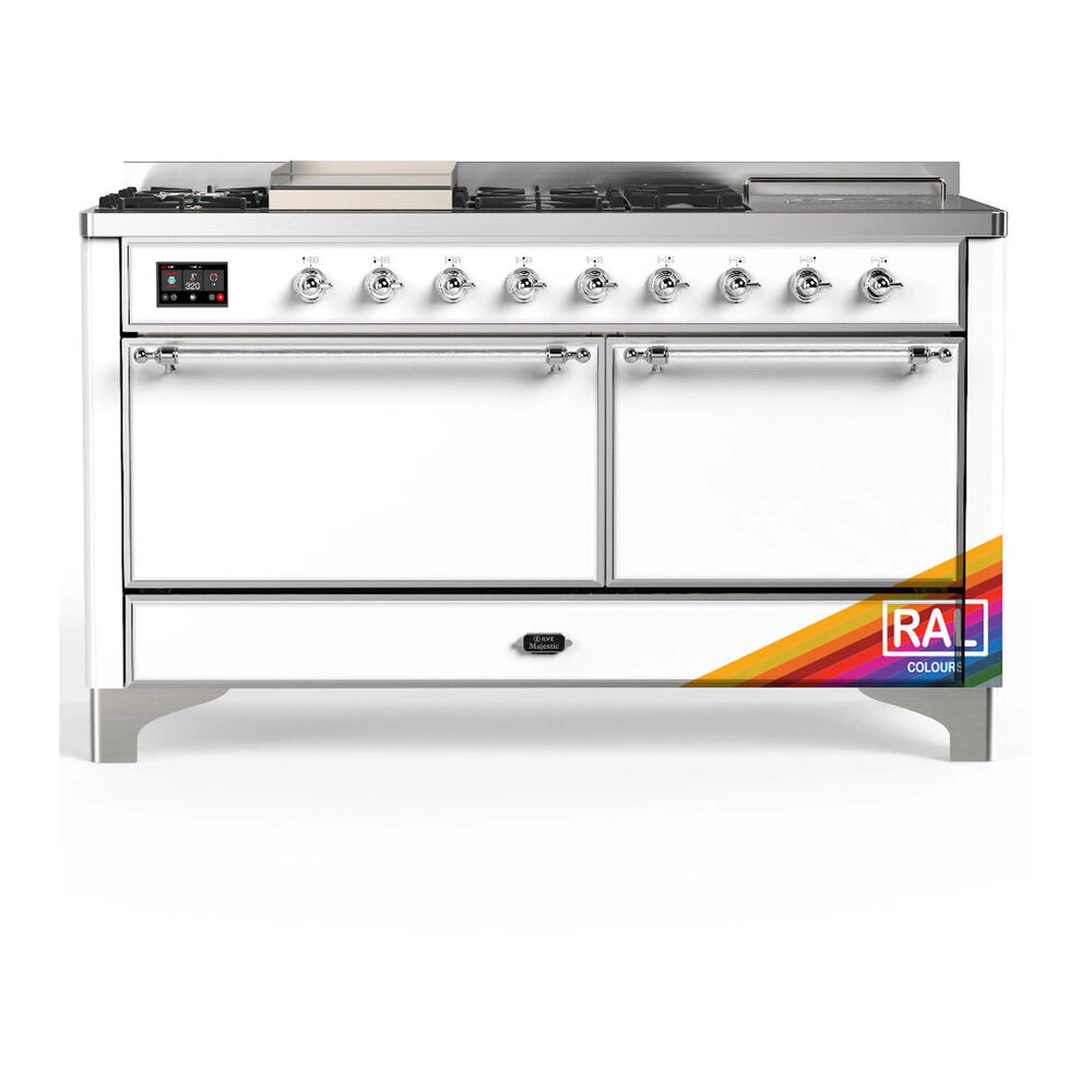 Chrome-trimmed dual fuel range with solid doors, griddle top, and black control knobs