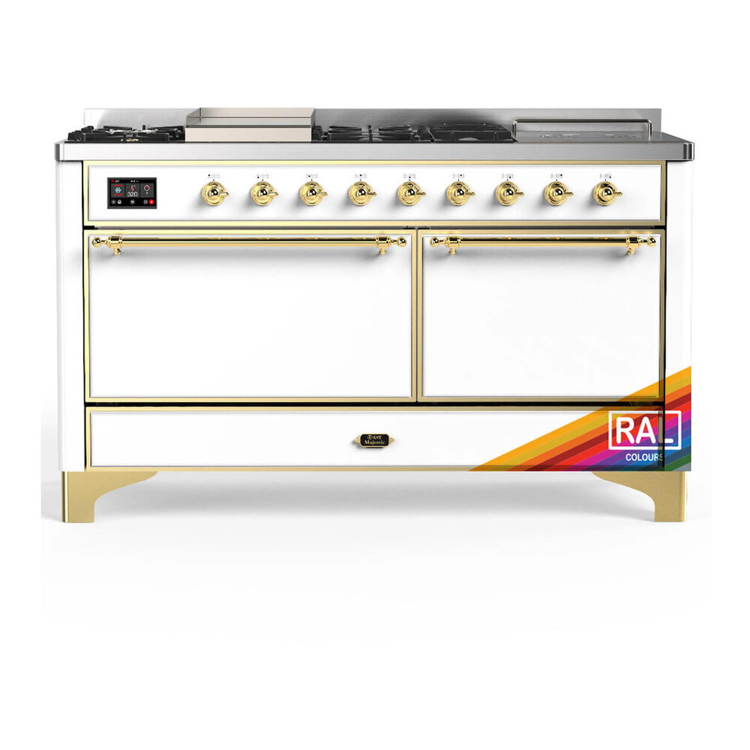 Dual fuel range in cream with brass trim, burners, griddle, French top, and solid door oven