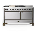 ILVE Majestic III 60-inch Dual Fuel Range with 5 Liquid Propane Burner, Griddle, French Top and Solid Door Electric Oven in Stainless Steel with Burnished Trim (UM60FSQNR3SSBLP)