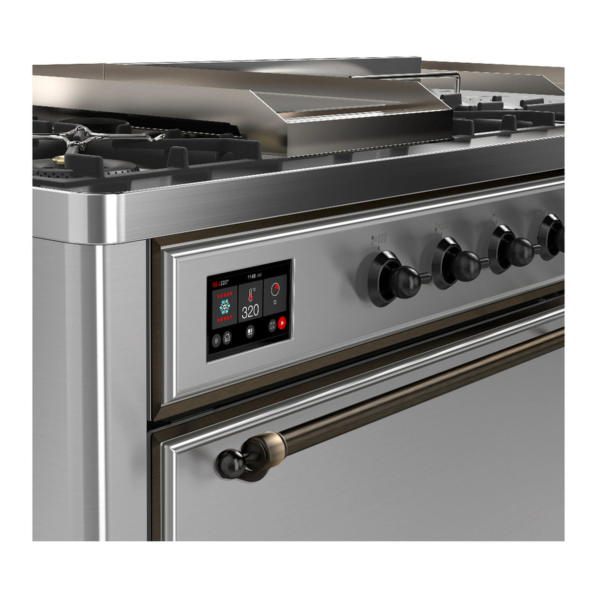 Stainless steel control panel with digital display and burner knobs