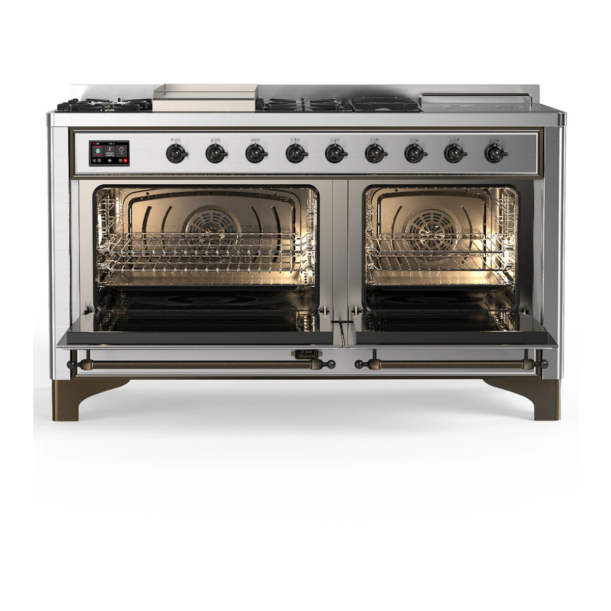 Stainless steel dual fuel range with both oven doors open and interior racks