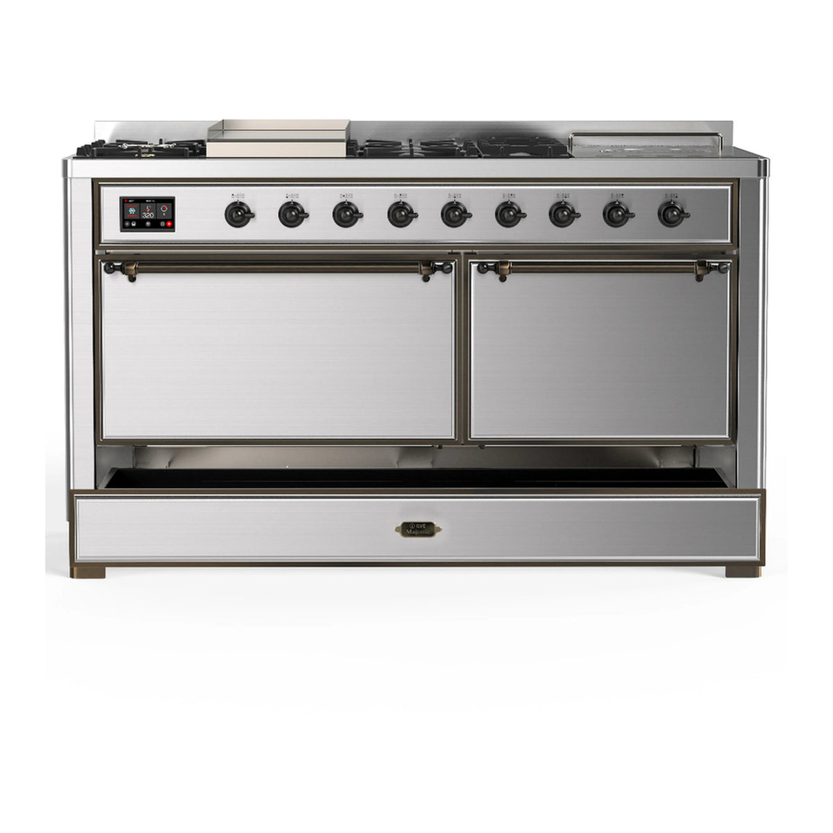 Stainless steel dual fuel range with burner knobs and two closed oven doors