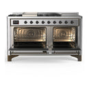 ILVE Majestic III 60-inch Dual Fuel Range with 7 Natural Gas Burner, Griddle, French Top and Solid Door Electric Oven in Stainless Steel with Burnished Trim (UM60FSQNR3SSB)