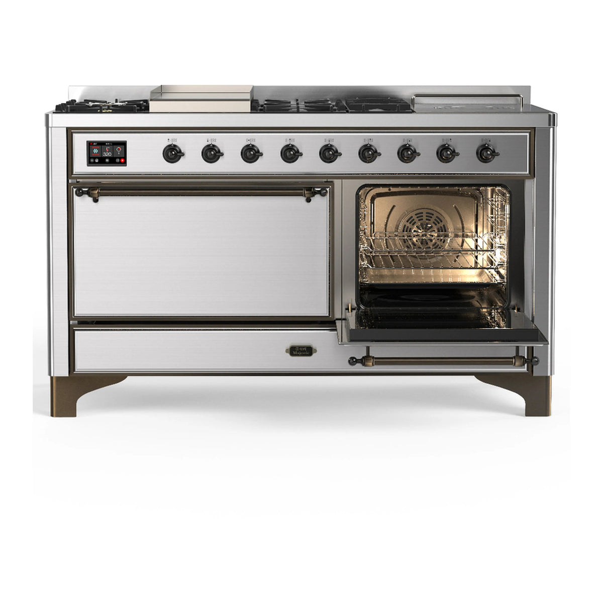 Stainless steel dual fuel range with left oven open and right oven door closed
