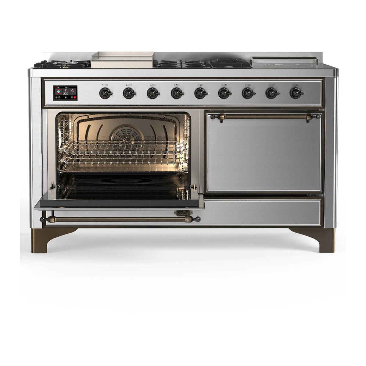 Stainless steel dual fuel range with left oven open and right oven door closed, front