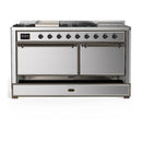 ILVE Majestic III 60-inch Dual Fuel Range with 7 Natural Gas Burner, Griddle, French Top and Solid Door Electric Oven in Stainless Steel with Burnished Trim (UM60FSQNR3SSB)