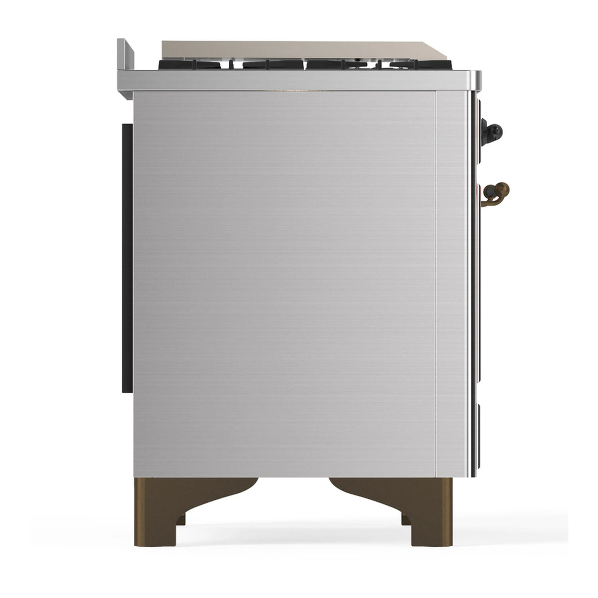 Stainless steel dual fuel range side panel with dark trim and gold-toned feet