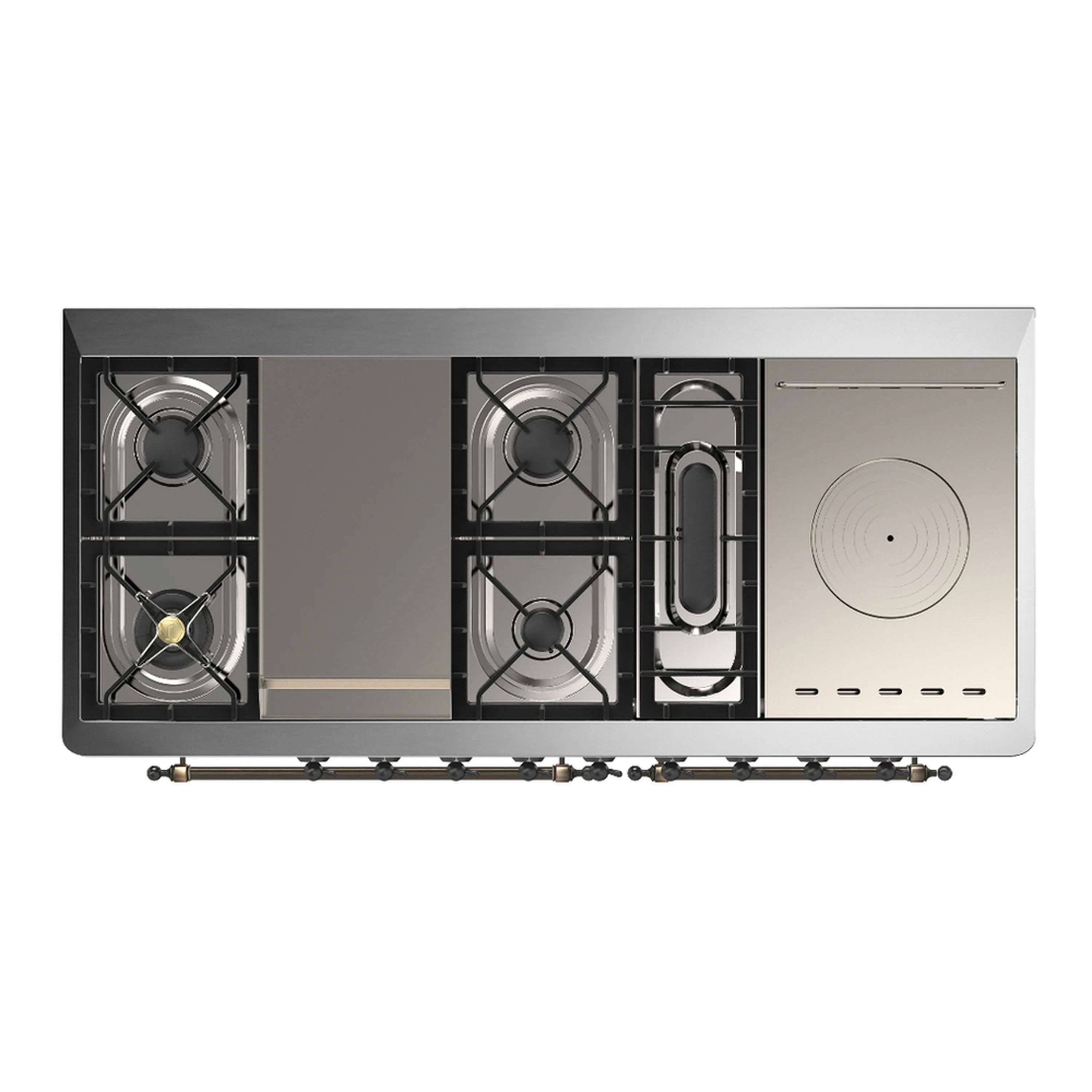 Stainless steel dual fuel range cutaway with burner grates and oven compartment