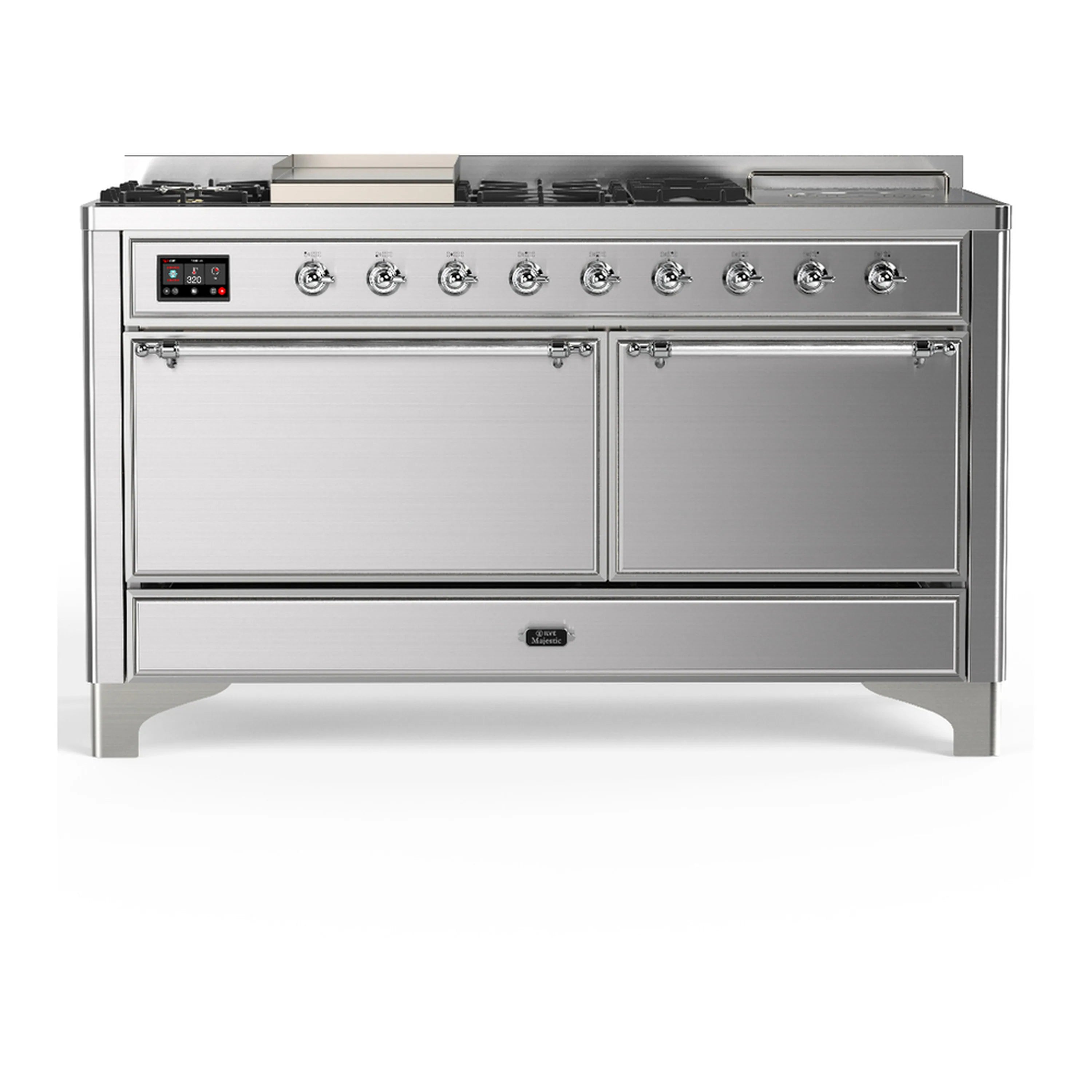 Stainless steel dual-fuel range front view with oven doors closed and chrome trim