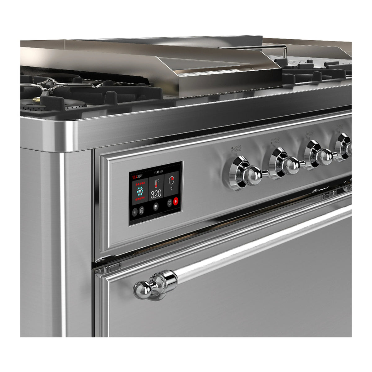 Stainless steel dual-fuel range control panel with burner knobs and digital display