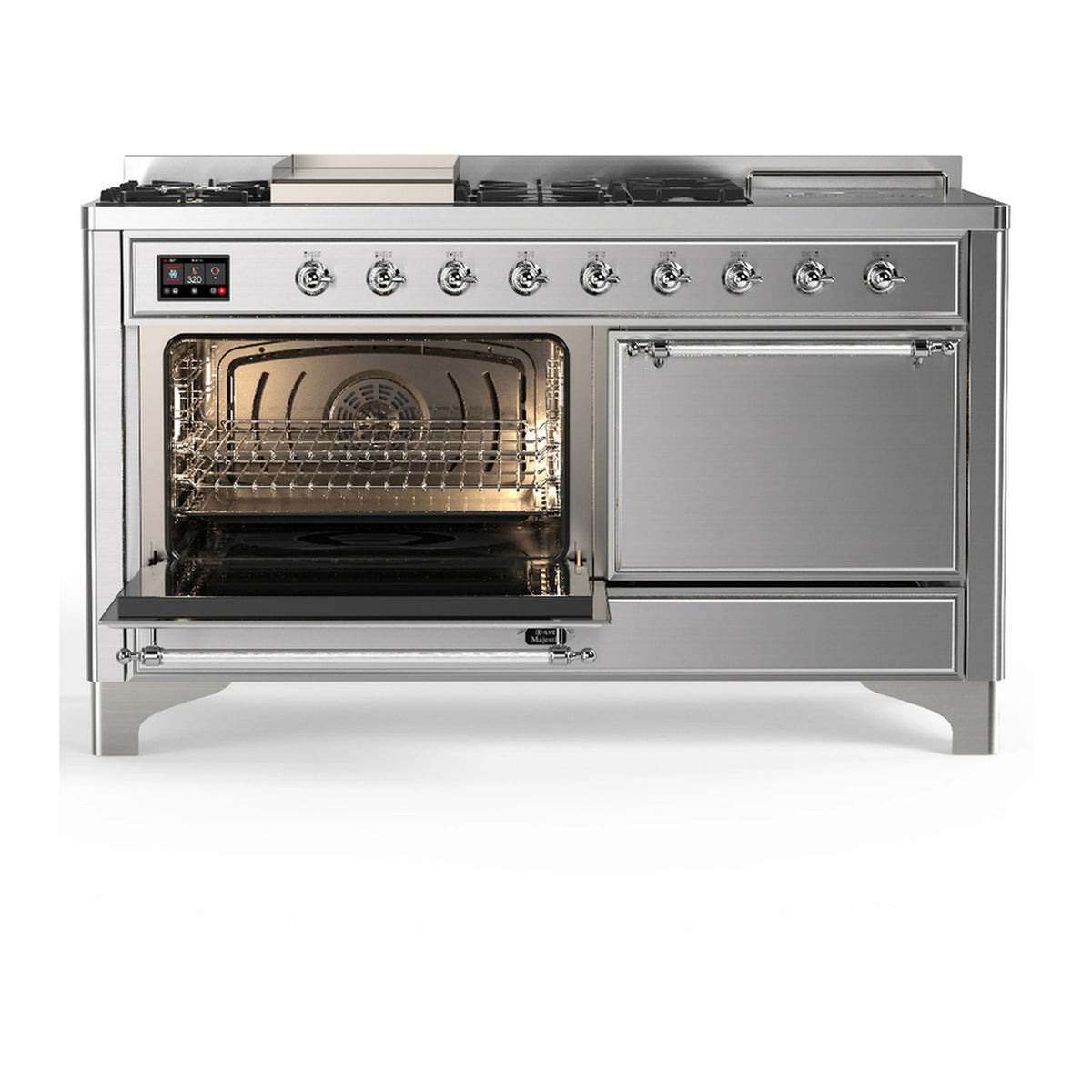 Stainless steel dual-fuel range with oven door open showing wire rack and bake interior