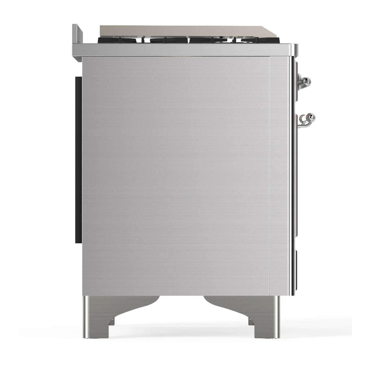 Stainless steel dual-fuel range side panel with control knobs and back connections