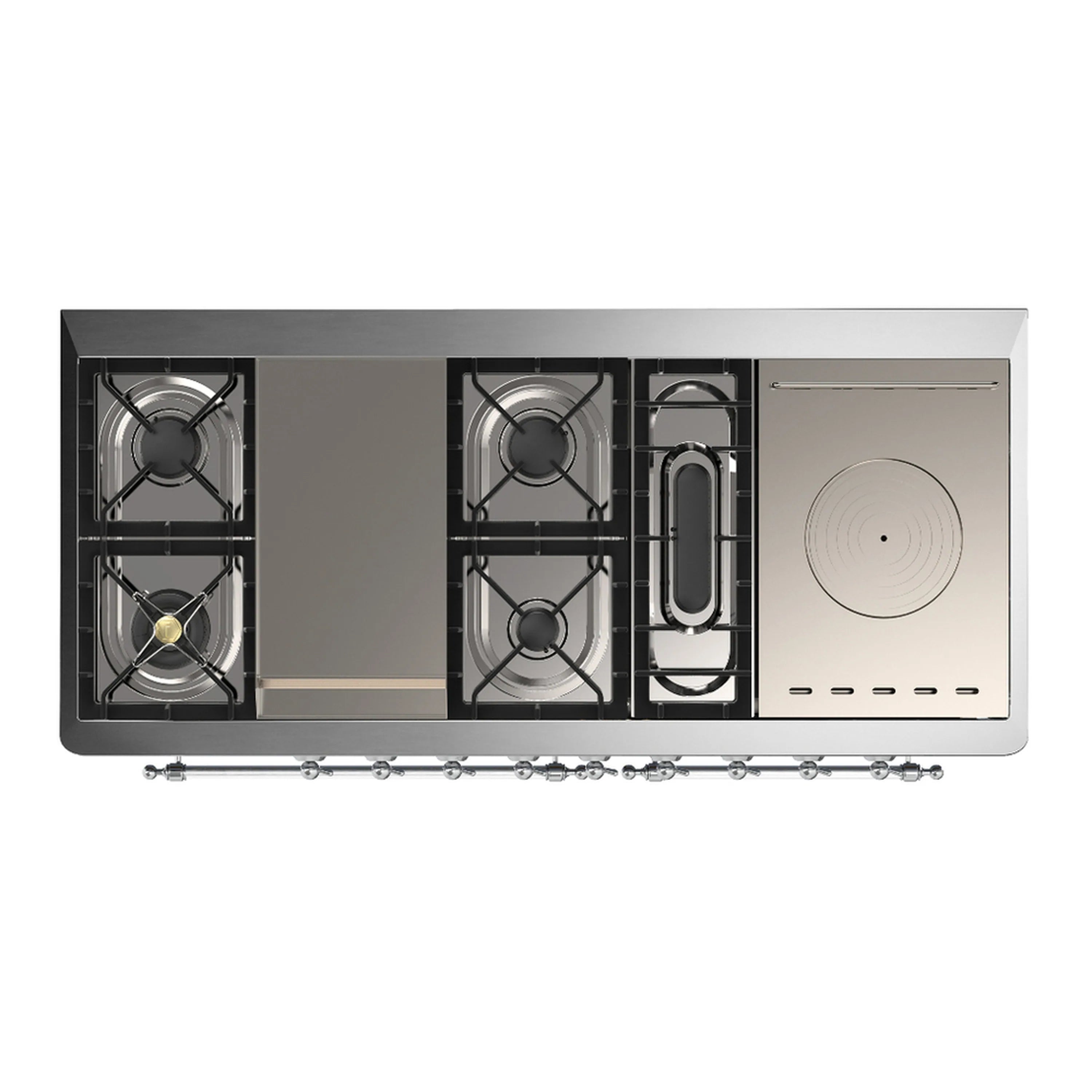 Stainless steel dual-fuel range with visible burners, griddle, and French top detail