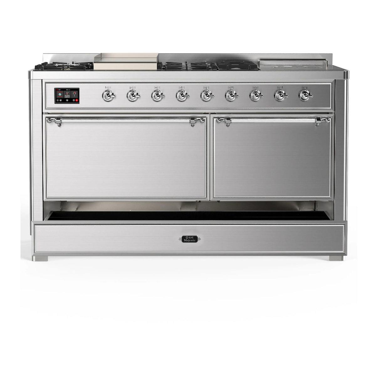 Stainless steel dual-fuel range with control panel and two closed oven doors