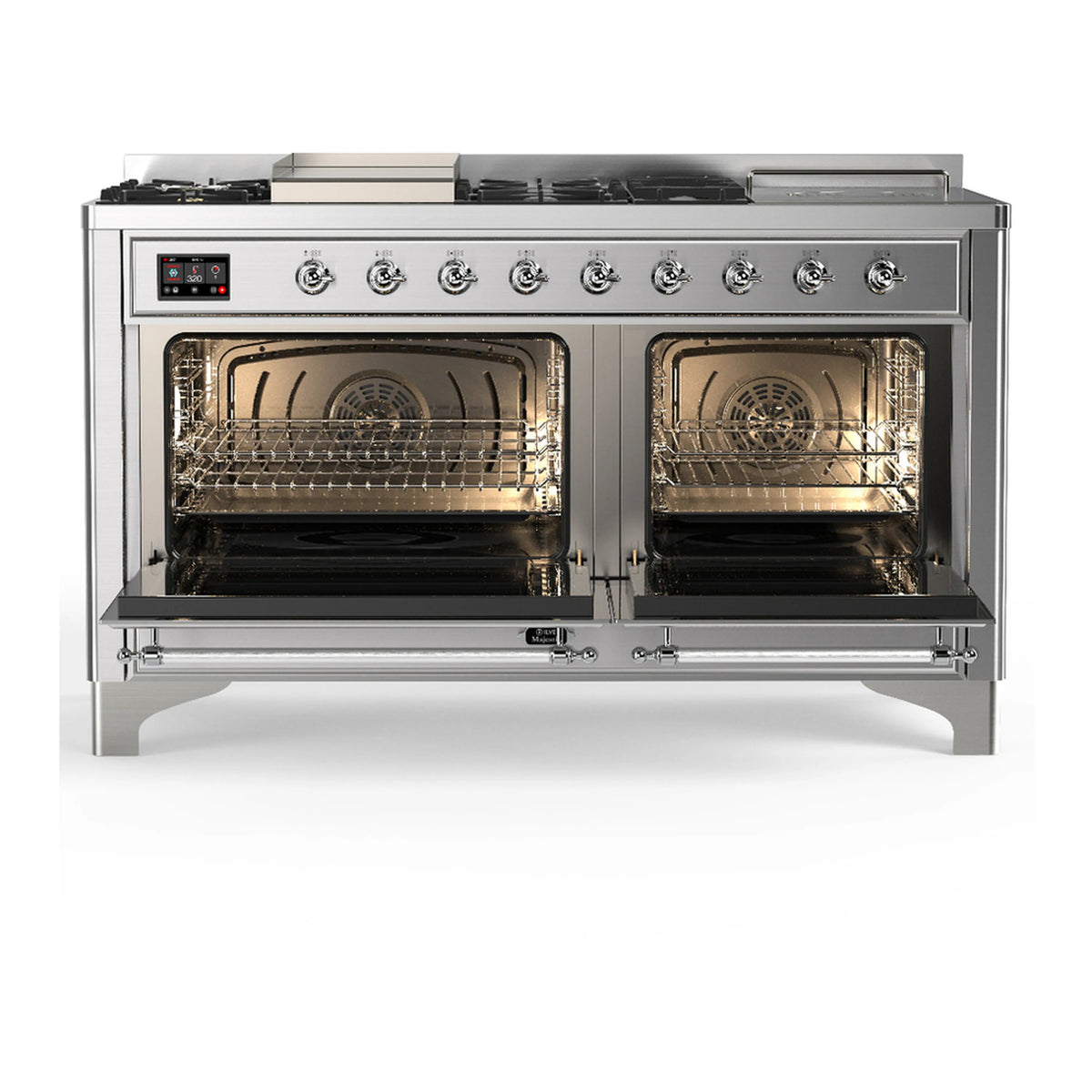 Stainless dual fuel range with both oven doors open, showing racks and interior