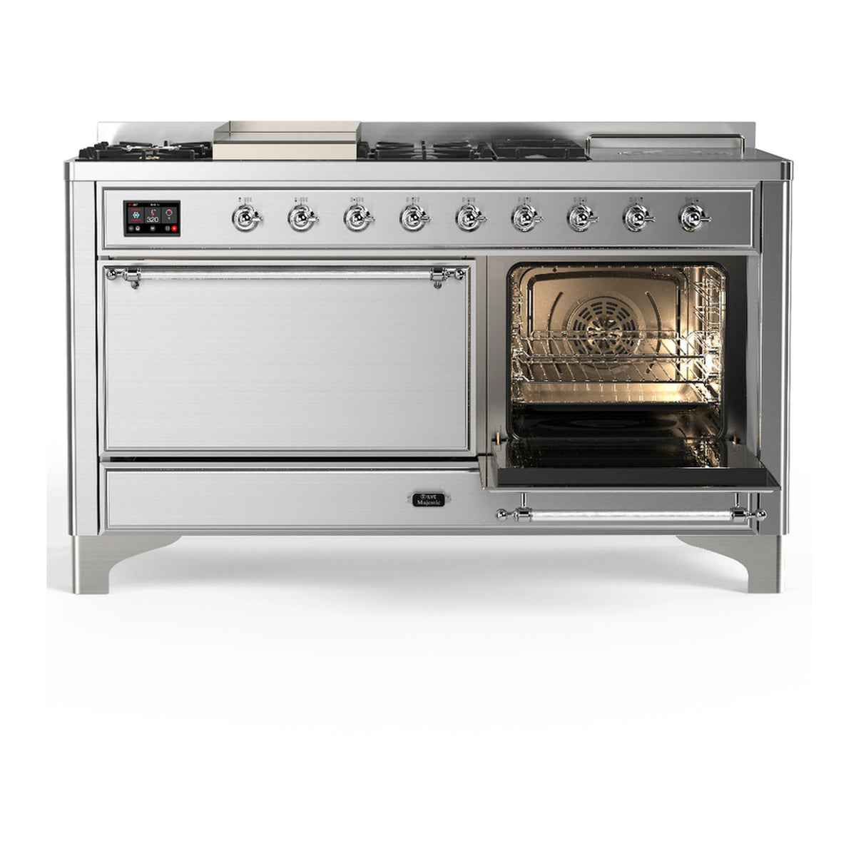 Stainless dual fuel range with one oven door open, showing oven interior