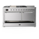 ILVE Majestic III 60-inch Dual Fuel Range with 7 Natural Gas Burner, Griddle, French Top and Solid Door Electric Oven in Stainless Steel with Chrome Trim (UM60FSQNR3SSC)