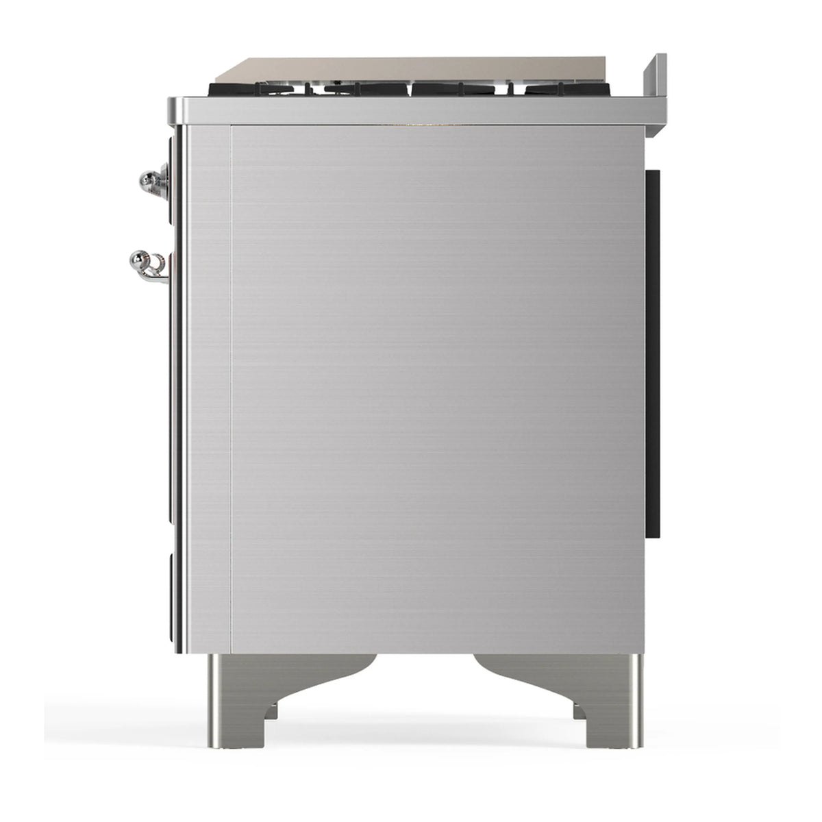 Stainless dual fuel range side/rear view with access panel, handles, and legs