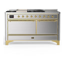 ILVE Majestic III 60-inch Dual Fuel Range with 5 Liquid Propane Burner, Griddle, French Top and Solid Door Electric Oven in Stainless Steel with Brass Trim (UM60FSQNR3SSGLP)