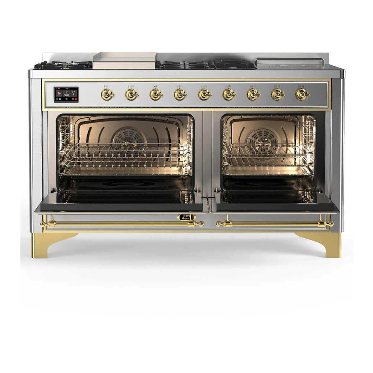 Stainless steel dual fuel range with brass trim and two open electric oven doors, front view
