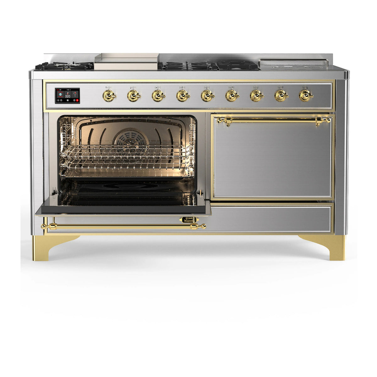 Stainless steel dual fuel range with brass trim and open oven door, interior visible