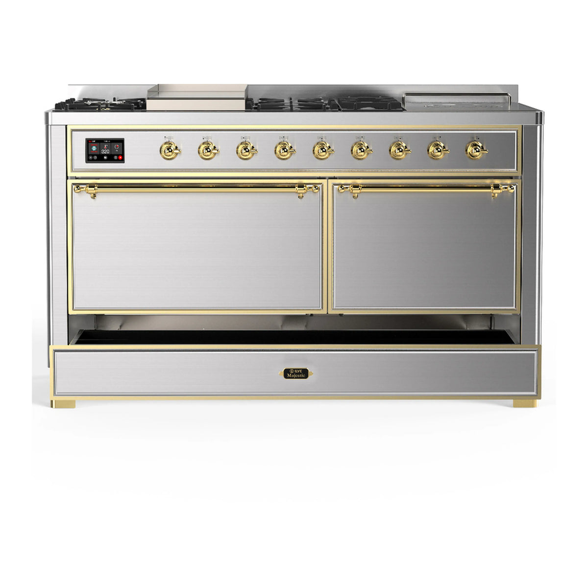Stainless steel dual fuel range with brass trim and two closed oven doors, lower drawer open