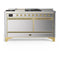 ILVE Majestic III 60-inch Dual Fuel Range with 5 Liquid Propane Burner, Griddle, French Top and Solid Door Electric Oven in Stainless Steel with Brass Trim (UM60FSQNR3SSGLP)