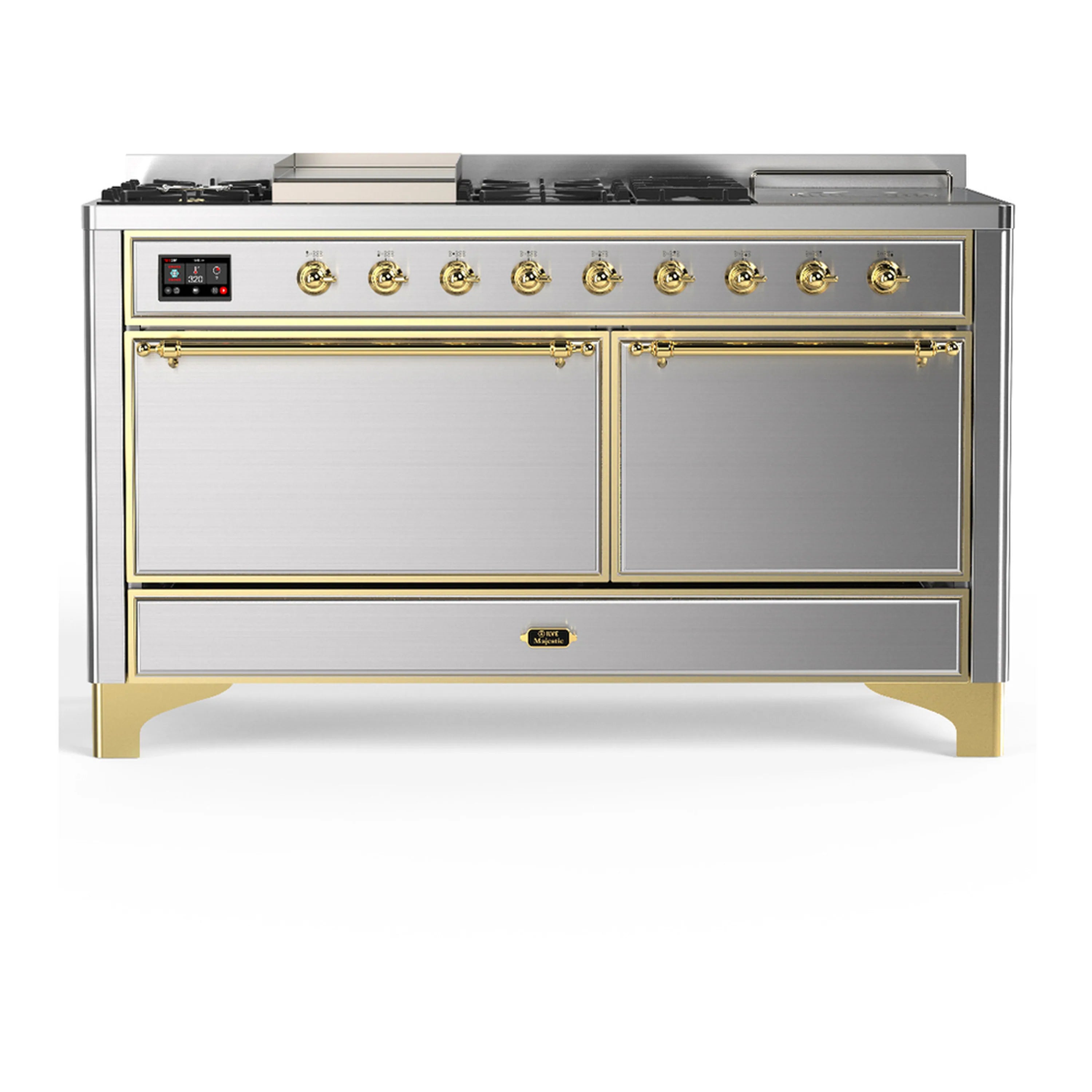 Stainless steel dual fuel range with brass trim, dual oven doors, and control panel