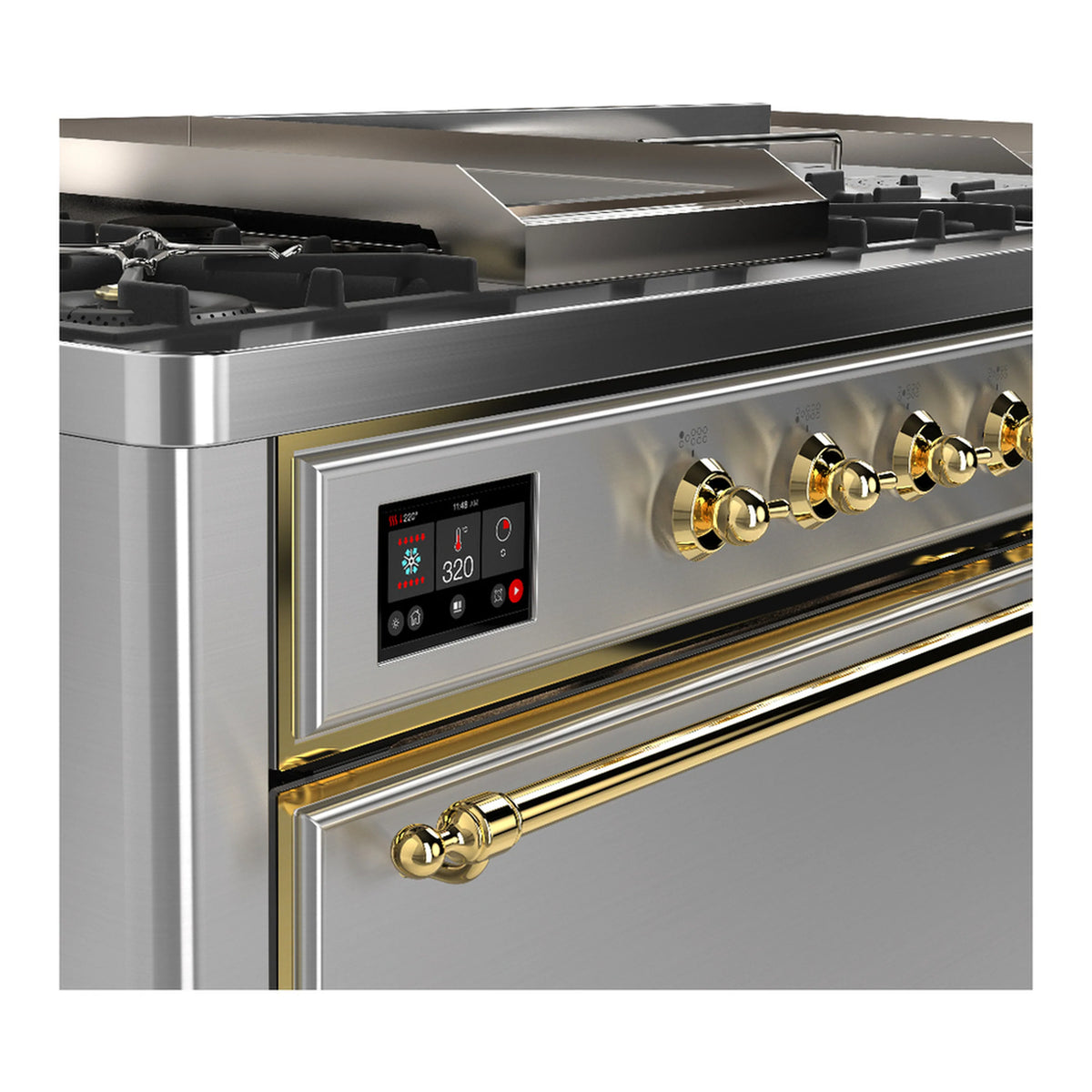 Stainless steel dual fuel range close-up: brass knobs and digital control display