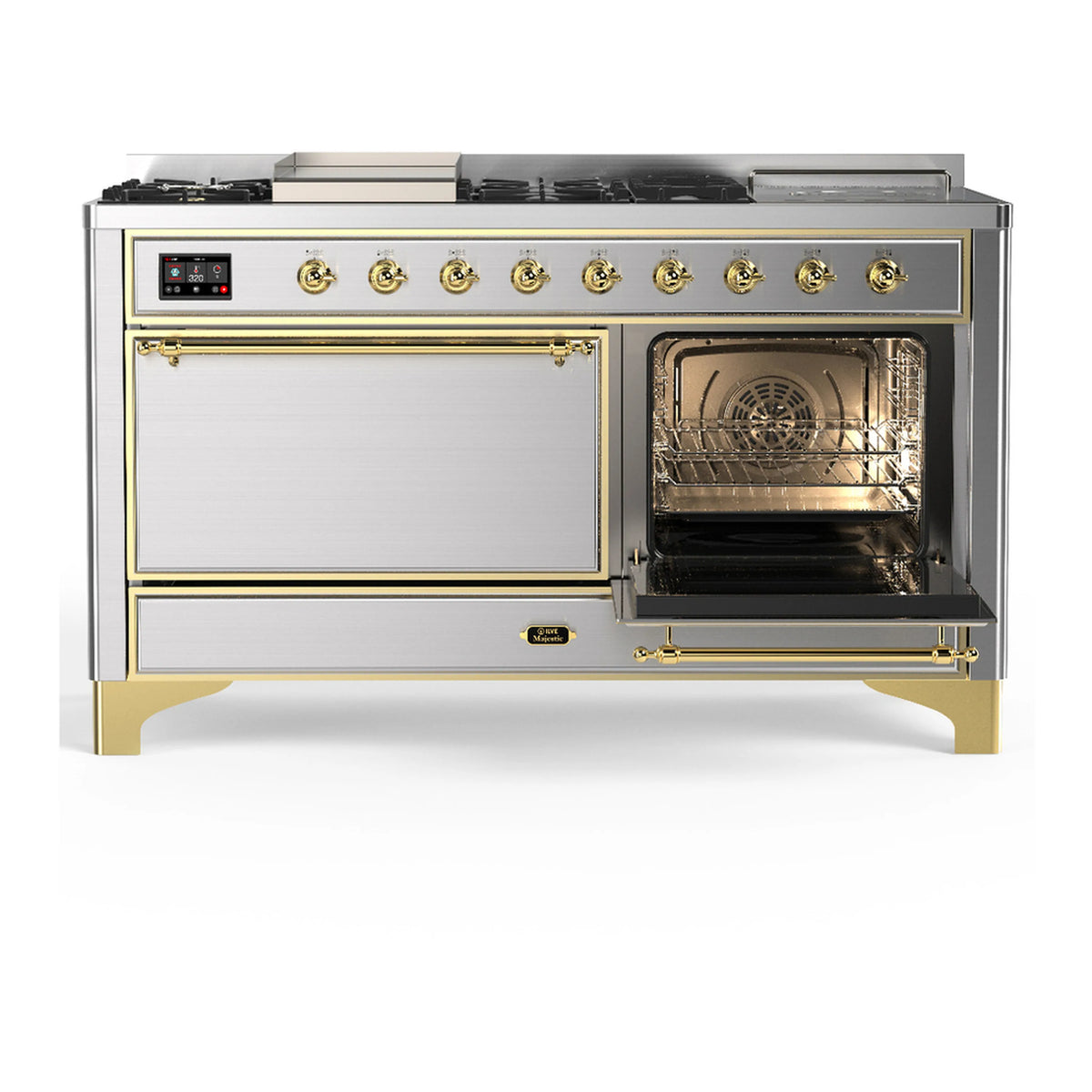 Dual fuel range with one oven door open, interior racks visible behind brass trim