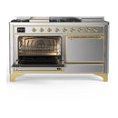 ILVE Majestic III 60-inch Dual Fuel Range with 7 Natural Gas Burner, Griddle, French Top and Solid Door Electric Oven in Stainless Steel with Brass Trim (UM60FSQNR3SSG)