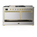 ILVE Majestic III 60-inch Dual Fuel Range with 7 Natural Gas Burner, Griddle, French Top and Solid Door Electric Oven in Stainless Steel with Brass Trim (UM60FSQNR3SSG)